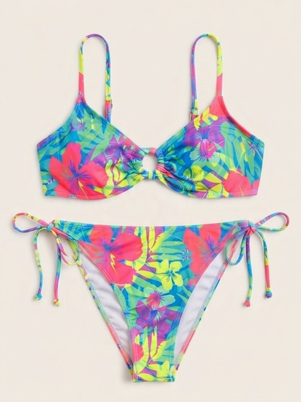 Neon Floral Tie-Side Bikini - Blue, Pink & Yellow